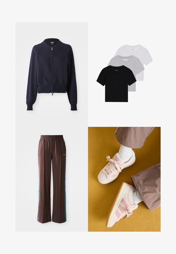 Majica s patentnim zatvaračem tamnoplave boje s rebrastim donjim rubom i manžetama. Opremljena je okruglim izrezom i rukavima raglan kroja, izrađena od mekanog pletenog materijala.; Set od tri majice kratkih rukava u crnoj, sivoj i bijeloj boji. Izrađene od pamuka, s okruglim izrezom i jednostavnim, jednobojnim dizajnom.; Smeđe atletske hlače s rebrastom teksturom, elastičnim pojasom i tirkiznim bočnim trakama. Na prednjem dijelu nalazi se adidas logo.; Roze nubuk tenisice s usklađenim prugama, bijelim vezicama i kremasto bijelim potplatom. Uparene s bijelim čarapama i labavim smešnim hlačama na žutoj pozadini.