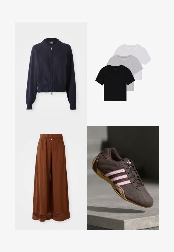 Navy modrý svetr na zip s ribovaným lemem a manžetami. Má kulatý výstřih a raglánové rukávy vyrobené z jemné pleteniny.; Sada tří triček s krátkým rukávem v černé, šedé a bílé barvě. Vyrobena z bavlny, s kulatým výstřihem a jednoduchým jednobarevným designem.; Široké hnědé kalhoty vyrobené z texturovaného materiálu, s nařaseným pasem a krajkovým detailem na lemu.; Hnědé semišové sportovní boty s růžovými pruhy a logem, s texturovaným svrškem, šněrováním a gumovou podrážkou.