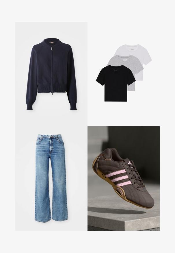 Majica s patentnim zatvaračem tamnoplave boje s rebrastim donjim rubom i manžetama. Opremljena je okruglim izrezom i rukavima raglan kroja, izrađena od mekanog pletenog materijala.; Set od tri majice kratkih rukava u crnoj, sivoj i bijeloj boji. Izrađene od pamuka, s okruglim izrezom i jednostavnim, jednobojnim dizajnom.; Svijetloplave široke traperice s visokim strukom, koje sadrže pet džepova, zatvaranje na gornji gumb i kontrastne šavove duž šavova.; Smeđi suedeski atletski tenisice s ružičastim prugama i logotipom, s teksturiranim gornjim dijelom, vezanjem na vezice i gumiranim potplatom.