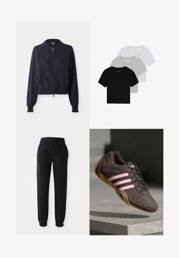 Navy blue zip-up sweater with a ribbed hem and cuffs. Features a round neck and raglan sleeves made from a soft knit material.; Set of three short-sleeve t-shirts in black, gray, and white. Made from cotton, featuring a crew neck and a simple, solid color design.; Black sweatpants with an elastic waistband, tapered cuffs, and a smooth texture, featuring no visible logos or patterns.; Brown suede athletic shoe with pink stripes and logo, featuring a textured upper, lace closure, and a gum rubber sole.