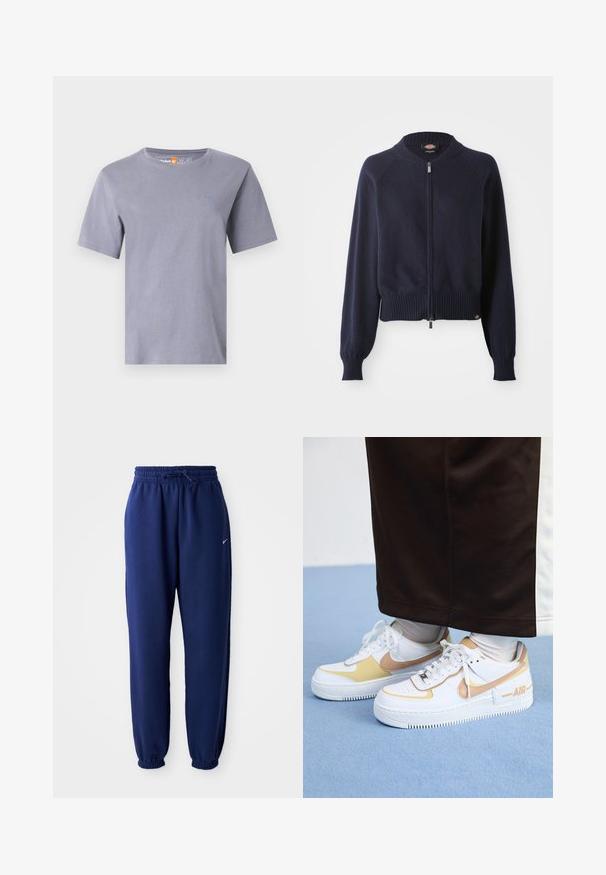 Sötétkék cipzáras pulóver bordázott aljjal és mandzsettákkal. Kerek nyakkal és raglán ujjakkal rendelkezik, puha kötött anyagból készült.; Rövid ujjú póló világosszürke anyagból, kerek nyakkivágással. Az mellrészen egy kis hímzett logó található. Puha és sima tapintású.; Navy kék sportnadrág puha anyagból, elasztikus derékpánttal és zsinórral, elasztikus mandzsettákkal és egy kis fehér logóval.; Fehér bőr sportcipők arany részletekkel, perforált orral, lapos fűzőkkel és vastag gumitalppal, az oldalán az "AIR" logóval.