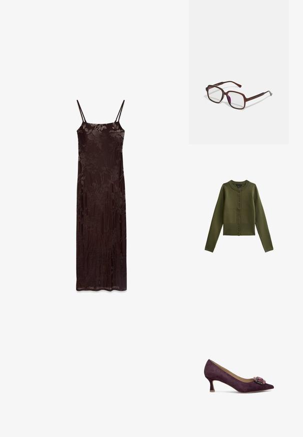 Cardigan vert olive à manches longues et décolleté rond, avec une rangée de boutons sur le devant et un ourlet côtelé.; Robe longue sans manches en tissu marron foncé avec un motif floral. Dotée de fines bretelles et d'une silhouette ajustée, texture lisse et design fluide.; Escarpin en suède violet avec un bout pointu et un accent décoratif orné de bijoux sur le dessus. Doté d'un petit talon évasé pour plus de stabilité.; Lunettes rectangulaires marron avec des verres transparents et des nuances violacées. Monture en plastique lisse avec des branches droites et des accents subtils.; Bague dorée avec un anneau lisse et arrondi, ornée de cinq étoiles, chacune sertie de pierres précieuses colorées en rose, vert et bleu.