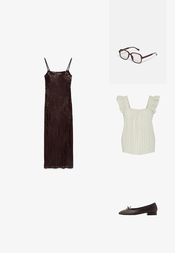 Cardigan verde oliva con maniche lunghe e scollatura rotonda, caratterizzato da una fila di bottoni sul davanti e orlo a coste.; Top senza maniche beige chiaro con scollo a carré, righe verticali e maniche a volant. Realizzato in un tessuto testurizzato e traspirante.; Abito lungo senza maniche in tessuto marrone scuro con motivo floreale. Presenta spalline sottili e una silhouette aderente, texture liscia e design fluido.; Ballerina in pelle marrone con punta arrotondata e tacco a blocco piccolo. Presenta un sottile fiocco sul davanti e dettagli di cucitura discreti.; Occhiali rettangolari marroni con lenti trasparenti e tonalità viola. Montatura in plastica liscia con stanghette dritte e accenti sottili.; Anello tono oro con una fascia liscia e arrotondata che presenta cinque accenti a stella, ognuno incastonato con gemme colorate in rosa, verde e blu.