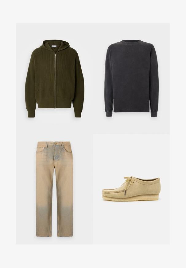 Olivno zelena zip-up kapuca s rebrasto teksturo, kapu in širokimi rokavi. Ima srebrni zadrgo in pletene manšete na robu in rokavih.; Pulover z dolgimi rokavi in okroglim ovratnikom v temno sivi barvi, izdelan iz mehke mešanice bombaža. Ima rebraste manšete in ovratnik ter gladko, nekoliko teksturirano površino.; Bež džins hlače ravnega kroja, z bledim efektom na dnu, petimi žepi in gumbastim zapiranjem.; Bež antilop čevlj za vezivanje, z vmesnimi šivi in gumijastim podplatom. Oblika je sproščena z rahlo višanjem pete.