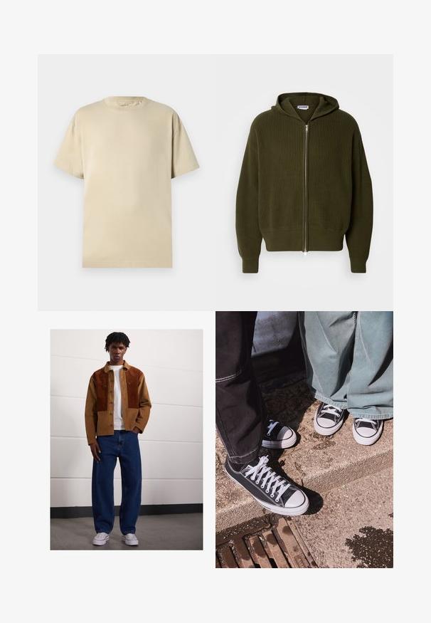 Olíva zöld cipzáras kapucnis pulóver bordázott textúrával, széles ujjal. Ezüst cipzárral és kötött mandzsettával az alján és az ujjak végén rendelkezik.; Beige pamut póló kerek nyakkivágással, rövid ujjakkal és laza fazonnal. Sima textúra, látható minták vagy kiegészítők nélkül.; Férfi áll bent egy barna kordbársony dzsekiben rozsdás foltokkal, fehér pólóban, laza kék farmerben és fehér sportcipőben.; Fekete vászon, alacsony szárú sportcipők fehér gumibókos részekkel és fűzőkkel, széles zöld farmernadrággal párosítva, egy textúrált kőfelületen.
