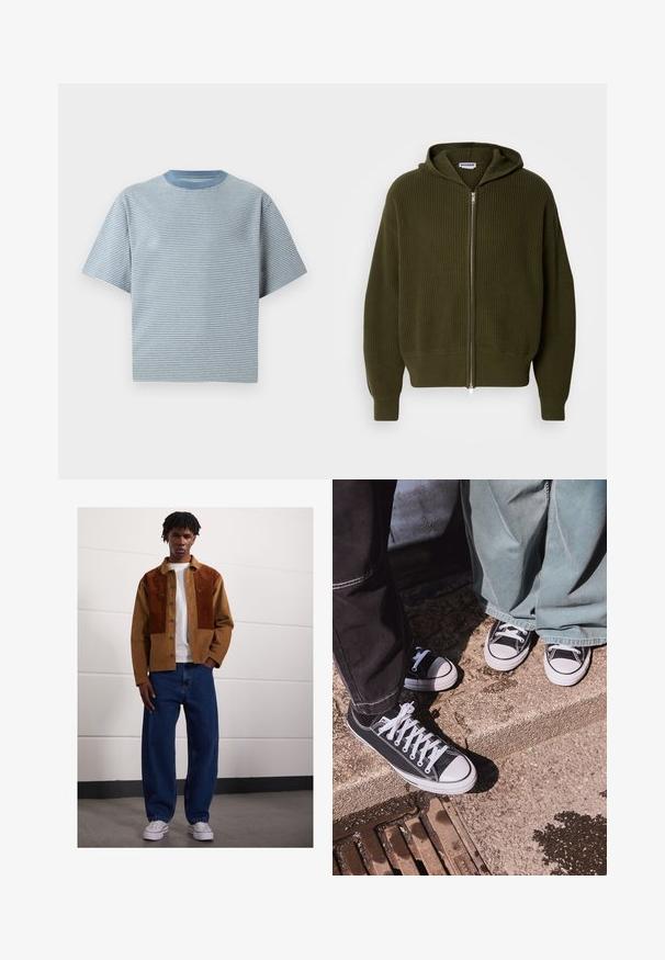 Olive green zip-up hoodie in ribbed texture with a hood and wide sleeves. Features a silver zipper and knit cuffs at the hem and sleeves.; Striped t-shirt in light blue and white, short sleeves, round neckline, made of soft cotton material, featuring a relaxed fit.; Short-sleeve, button-up shirt in off-white cotton. Features a collar and a left chest pocket with a simple design and soft texture.; Man standing indoors wearing a brown corduroy jacket with rust patches, white t-shirt, loose blue jeans, and white sneakers.; Black canvas low-top sneakers with white rubber toe caps and laces, paired with wide green denim pants, on a textured stone surface.