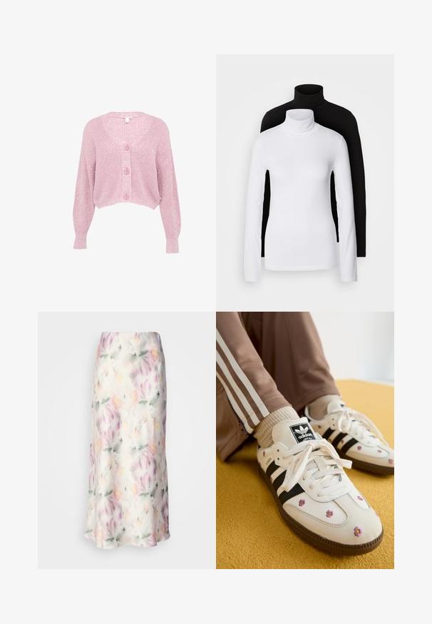 Rosa, verkürzter Cardigan mit V-Ausschnitt, langen Ärmeln und strukturiertem Strickmuster, ausgestattet mit vier vorderen Knöpfen und gerippten Bündchen.; Zwei langärmelige Rollkragenoberteile, eines weiß und eines schwarz, aus einem glatten, dehnbaren Stoff, beide mit schmalem Schnitt und hohem Kragen.; Florale Midirock aus leichtem Stoff, mit einem Aquarelldruck in Pastellfarben, fließendem Design und subtiler glänzender Oberfläche.; Weiße Leder-Sneaker mit drei schwarzen Streifen und floralem Stickereien in Lila und Gelb. Braune Gummisohle. Kombiniert mit beigen gerippten Socken.