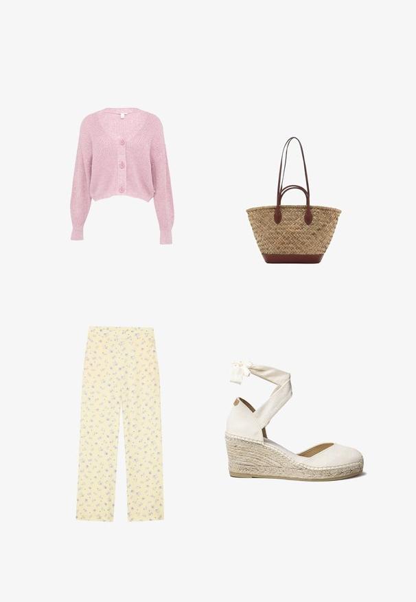 Cardigan court rose avec un col en V, des manches longues et un motif tricoté texturé, comportant quatre boutons à l'avant et des poignets côtelés.; T-shirt blanc à manches courtes en tissu lisse, avec un col rond et de subtils détails de couture à l'ourlet.; Pantalons larges de couleur jaune clair avec un motif floral en bleu. Taille élastique, texture douce et coupe droite conçue pour le confort.; Botte en toile blanche à talon compensé avec lien autour de la cheville, talon en jute, bout rond et tige en tissu texturé. Le talon mesure environ 7 cm.; Sac fourre-tout en paille tissée avec une texture tressée, anses et base en cuir marron foncé, forme circulaire large et design ouvert en haut.