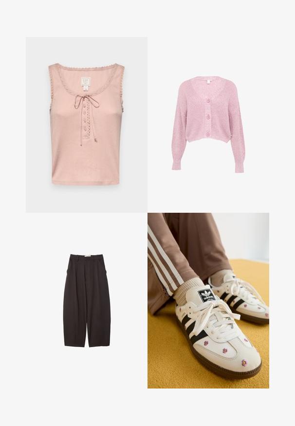 Rosa, verkürzter Cardigan mit V-Ausschnitt, langen Ärmeln und strukturiertem Strickmuster, ausgestattet mit vier vorderen Knöpfen und gerippten Bündchen.; GAP GAP X DOEN POINTELLE TANK - Top - chalk pink; Schwarze weit geschnittene Hosen aus einem glatten Stoff, mit hoher Taille, Frontfalten und Seitentaschen. Schlichtes Design ohne Verzierungen.; Weiße Leder-Sneaker mit drei schwarzen Streifen und floralem Stickereien in Lila und Gelb. Braune Gummisohle. Kombiniert mit beigen gerippten Socken.