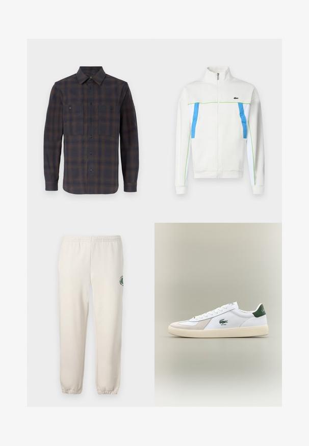 Giacca bianca con zip e dettagli blu e verdi. Presenta un colletto alto, tasche laterali e un logo sul petto. Tessuto dalla texture liscia.; Camicia in flanella a maniche lunghe con motivo a scacchi blu scuro e marrone. Presenta un colletto classico, due tasche sul petto e chiusure a bottone.; Pantaloni della tuta color beige chiaro in cotone, con vita elastica, polsini a coste e un logo verde con design a foglia sulla gamba sinistra.; Sneaker bianca con accenti verdi, materiali in suede e pelle, punta arrotondata, suola testurizzata e logo ricamato sui lati e sulla linguetta.