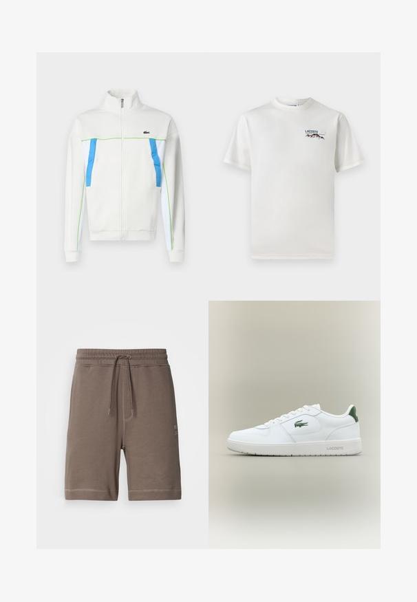 Veste blanche zippée avec des accents bleus et verts. Elle présente un col haut, des poches latérales et un logo sur la poitrine. Texture du tissu lisse.; T-shirt en coton blanc avec un col rond, des manches courtes et un petit logo brodé représentant des montagnes et un texte sur le côté gauche de la poitrine.; Shorts en mélange de coton marron avec une taille élastique, un cordon de serrage ajustable et des poches latérales. Caractéristiques de couture contrastante et d'un patch logo.; Baskets en cuir blanc avec une finition lisse, accents verts au niveau du talon et un logo vert sur le côté. Présente une semelle plate et un bout rond.