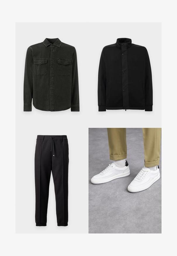 Giacca nera con colletto alto, bottoni a pressione e pannelli di tessuto a contrasto. Presenta due tasche laterali e polsini a coste per un look aderente.; Camicia verde scuro con bottoni, realizzata in tessuto morbido, caratterizzata da un colletto, due tasche sul petto, maniche lunghe e un orlo dritto.; Pantaloni neri con cintura, cordoncino e polsini elasticizzati. Presentano pieghe e un tessuto liscio e strutturato.; Sneaker bianchi con finitura in pelle testurizzata, punta arrotondata e accentuazione nera sul tallone. Suola in gomma con piccolo motivo di battistrada e dettagli cuciti.