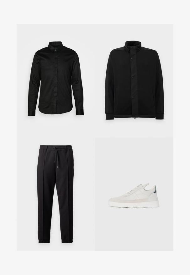 Giacca nera con colletto alto, bottoni a pressione e pannelli di tessuto a contrasto. Presenta due tasche laterali e polsini a coste per un look aderente.; Maglietta nera a maniche lunghe realizzata in tessuto morbido, con colletto, chiusura a bottoni sul davanti e polsini a contrasto. Nessun motivo o grafica visibile.; Pantaloni neri con cintura, cordoncino e polsini elasticizzati. Presentano pieghe e un tessuto liscio e strutturato.; Sneaker bianche in pelle con dettagli in suede grigio, design con lacci, bollino per il tallone e suola in gomma testurizzata caratterizzata da un motivo a zigzag.