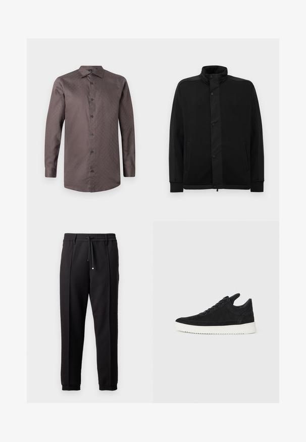 Juoda striukė su aukštu apykakle, spaudimo mygtukais ir kontrastingais audinio intarpais. Turi dvi šonines kišenes ir raukšlėtus rankogalius, suteikiančius prigludusį išvaizdą.; Ruda ilga rankovėmygtukinė marškinė su subtiliu raštu. Turi standartinį apykaklę ir juodus mygtukus, pagaminti iš glotnaus audinio.; Juodos kelnės su juosmeniu, raišteliu ir elastingais rankogaliais. Yra raukšlės ir lygus, tekstūruotas audinys.; Juodų suede sportbačių su balta gumine padu, su toniniais siuvinėjimais ir raištelių užsegimu. Sklandus paviršius su šiuolaikine, laiko forma.