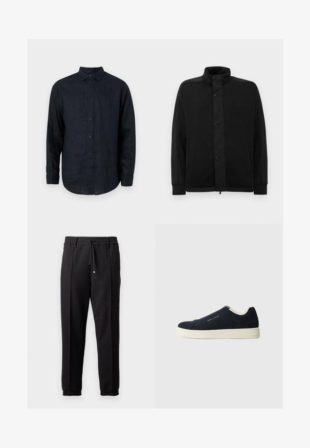 Giacca nera con colletto alto, bottoni a pressione e pannelli di tessuto a contrasto. Presenta due tasche laterali e polsini a coste per un look aderente.; Camicia a maniche lunghe navy scuro con bottoni, realizzata in lino. Presenta un colletto a punta e un orlo leggermente curvo con polsini a bottone.; Pantaloni neri con cintura, cordoncino e polsini elasticizzati. Presentano pieghe e un tessuto liscio e strutturato.; Sneakers slip-on in suede blu navy con suola in gomma bianca, caratterizzati da un design cucito e una discreta branding sul lato.