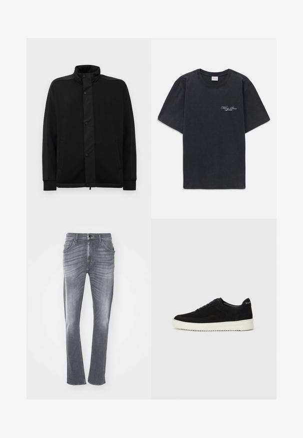 Svart jakke med høy krage, trykknapper og kontrasterende stoffpaneler. Har to sidelommer og ribbestrikkede ermer for en tettsittende look.; Svart kortermet t-skjorte med rund hals og liten hvit "Filling Pieces" tekstlogo på venstre bryst.; Grå denimjeans med rett snitt, med en falmet tekstur, fem lommer og belteholdere. Stitched hem og klassisk knappelukking.; Svart semsket sneakers med snøring og kontrasterende hvit gummisåle. Har teksturerte sidepaneler og subtil merkevare på hælen.