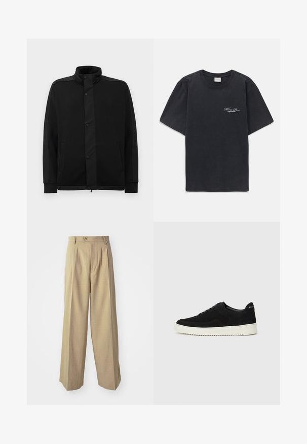 Svart jacka med hög krage, tryckknappar och kontrasterande tygpaneler. Har två sidofickor och ribbade manschetter för en åtsittande look.; Svart kortärmad t-shirt med rund halsringning och liten vit "Filling Pieces" textlogga på vänster bröst.; Beiga vida byxor med hög midja, två framfåror och en enkel knappstängning. Tillverkade av ett texturerat tyg med ett subtilt mönster.; Svarta mockaskor med snörningsdesign och kontrasterande vita gummisulor. Har texturerade sidopaneler och diskret branding på hälen.