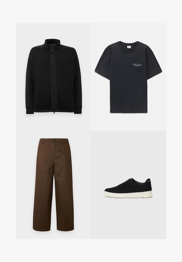 Black jacket with high collar, snap buttons, and contrasting fabric panels. Features two side pockets and ribbed cuffs for a fitted look.; Black short-sleeve crew neck t-shirt with small white "Filling Pieces" text logo on the left chest.; Brown wide-leg pants made from smooth fabric, featuring a front button closure and side pockets, with a clean and simple design.; Black suede sneaker with lace-up design and contrasting white rubber sole. Features textured side panels and subtle branding on the heel.