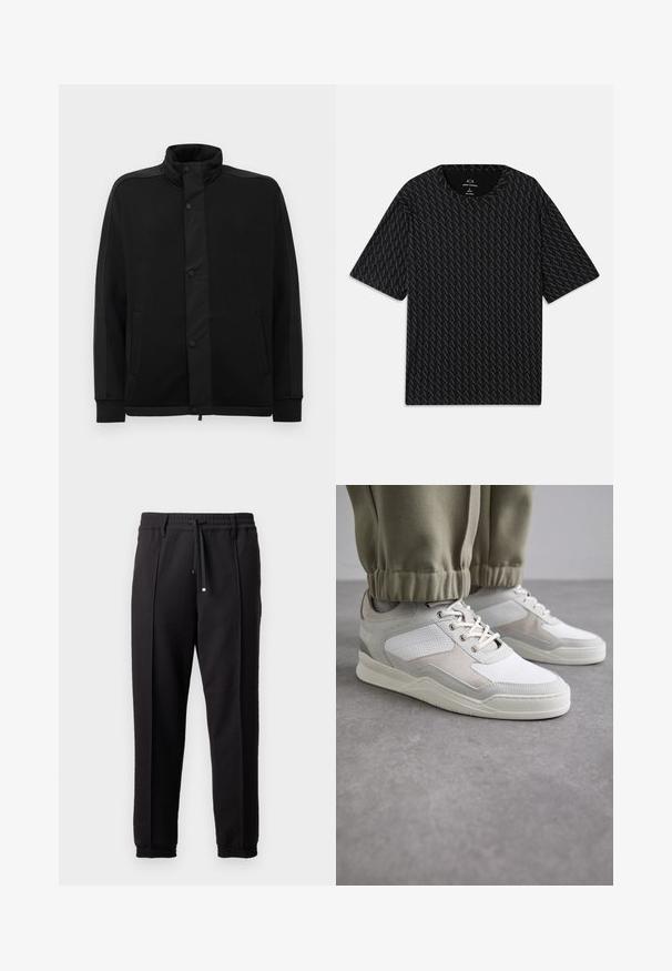 Fekete dzseki magas gallérral, patentgombokkal és kontrasztos szövetpanelekből. Két oldalsó zsebe és bordázott mandzsettái vannak, amelyek illeszkedő megjelenést kölcsönöznek.; Fekete póló, váltakozó 'A' logók textúrájával, rövid ujjakkal és kerek nyakkivágással. Könnyű anyagból készült.; Fekete nadrág derékpánttal, húzózsinórral és rugalmas mandzsettákkal. Jellemző rá a pliszírozás és a sima, textúrált anyag.; Fehér és világosszürke sportcipők, texturált felsőrésszel, fűzős záródással és párnázott gallérral. A dizájn perforált és velúr részleteket tartalmaz.