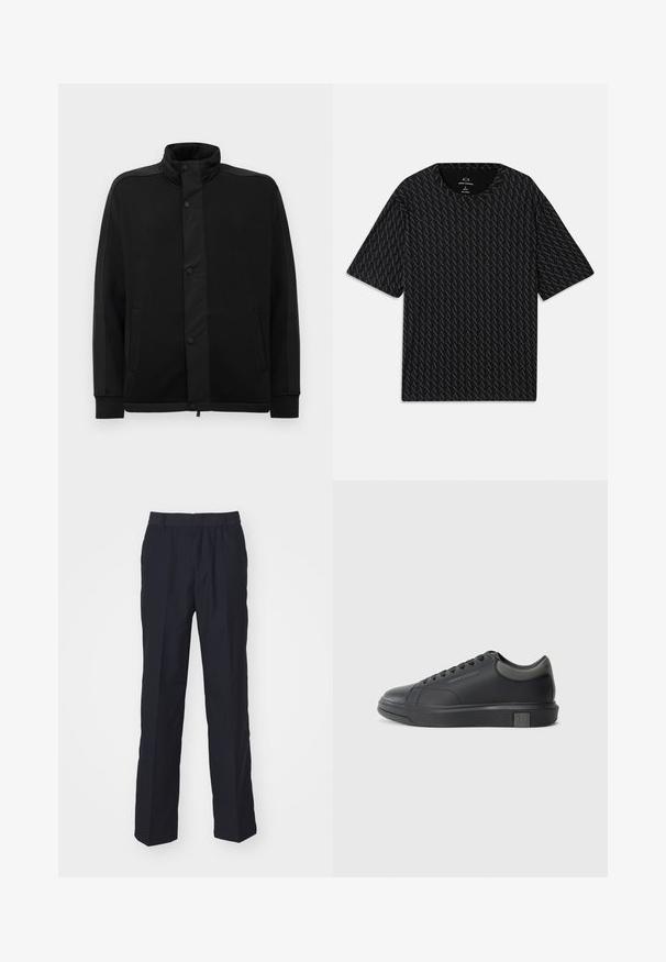 Crna jakna s visokim ovratnikom, kopčama na dugmad i kontrastnim panelima od tkanine. Ima dva bočna dzepa i rebraste manšete za prilagođen izgled.; Crna majica s kratkim rukavima koja sadrži teksturirani uzorak izmjeničnih 'A' logotipa i okrugli izrez. Napravljena od laganog materijala.; Mornarsko plave hlače napravljene od lagane tkanine, s ravnim rezom, elastičnim pojasom i bez vidljivih džepova ili uzoraka.; Crne kožne tenisice s glatkom završnom obradom, okruglim vrhom i tamno sivim detaljima. Imaju vezanje i teksturiranu gumenu potplat.