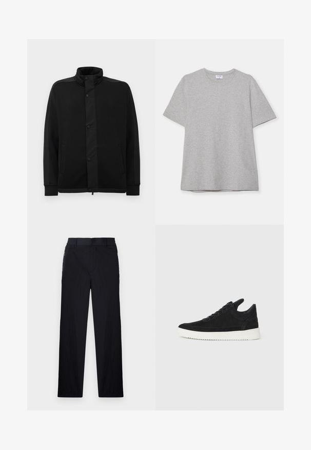 Mustarjakas kõrge kraega, nööbiga kinnitused ja kontrastsed kangakihid. Omab kahte küljetaskut ja soonikpääste, et saavutada sobiv välimus.; Hallhargist lühikeste varrukatega T-särk pehmest, tekstuuriga kangast. Omab klassikalist ümarat kaelust ja sirget allääret, sobides igapäevaseks kandmiseks.; Mustad püksid, millel on kerge, tekstuuriga kangas, sirge jala disain, elastne vöökoht ja küljetaskud sipsiga.; Must mustel kingad valge kummist tallaga, millel on toon-toonis õmblused ja paeltega disain. Sile tekstuur ja moodne, voolujooneline kuju.