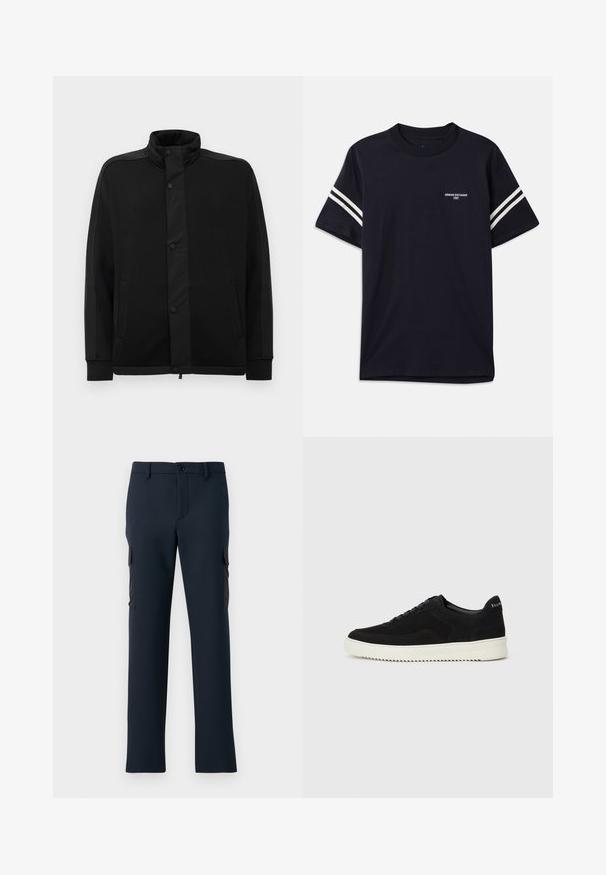 Jachetă neagră cu guler înalt, nasturi tip snap și panouri dintr-un material contrastant. Dispune de două buzunare laterale și manșete ribbate pentru un aspect ajustat.; Tricou bleu marin din bumbac, cu guler rotund, mâneci scurte și dungi albe pe umeri, având un logo imprimat pe piept.; Pantaloni cargo de culoare bleumarin, dintr-un material neted, cu buzunare laterale, închidere cubuton în față și un croi drept.; Adidași negri din suede cu design cu șireturi și talpă din cauciuc alb contrastant. Prezintă panouri laterale texturate și branding subtil pe toc.