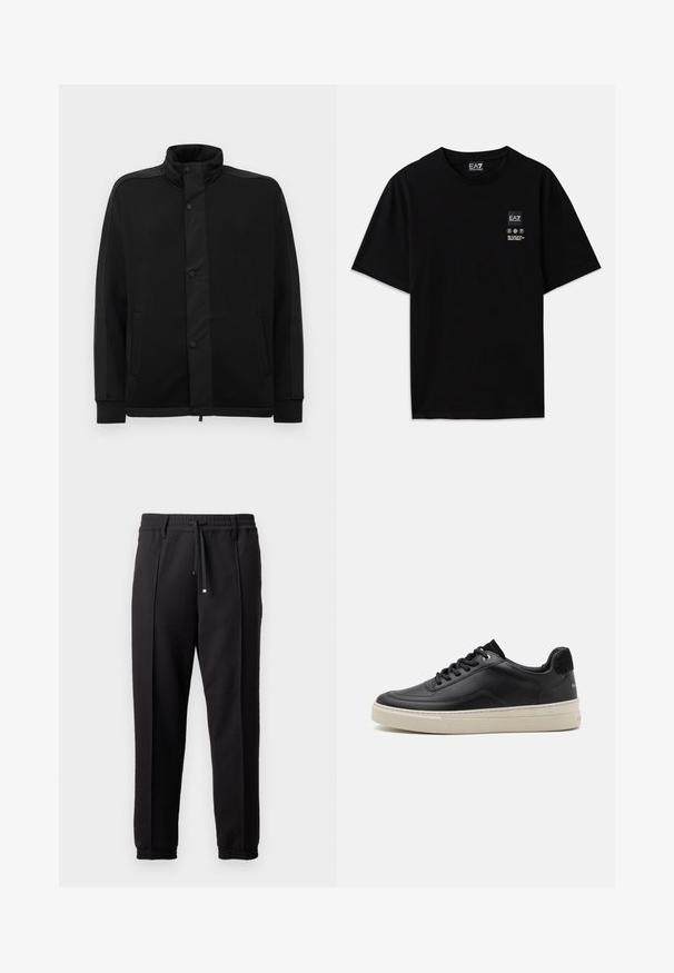 Black jacket with high collar, snap buttons, and contrasting fabric panels. Features two side pockets and ribbed cuffs for a fitted look.; Black cotton t-shirt with short sleeves, a crew neck, and a small logo tag on the front featuring care symbols in white.; Black trousers with a waistband, drawstring, and elastic cuffs. Features pleats and a smooth, textured fabric.; Black leather sneaker with a low profile, featuring a cream-colored rubber sole, round toe, and lace-up design, accented with a black suede heel.