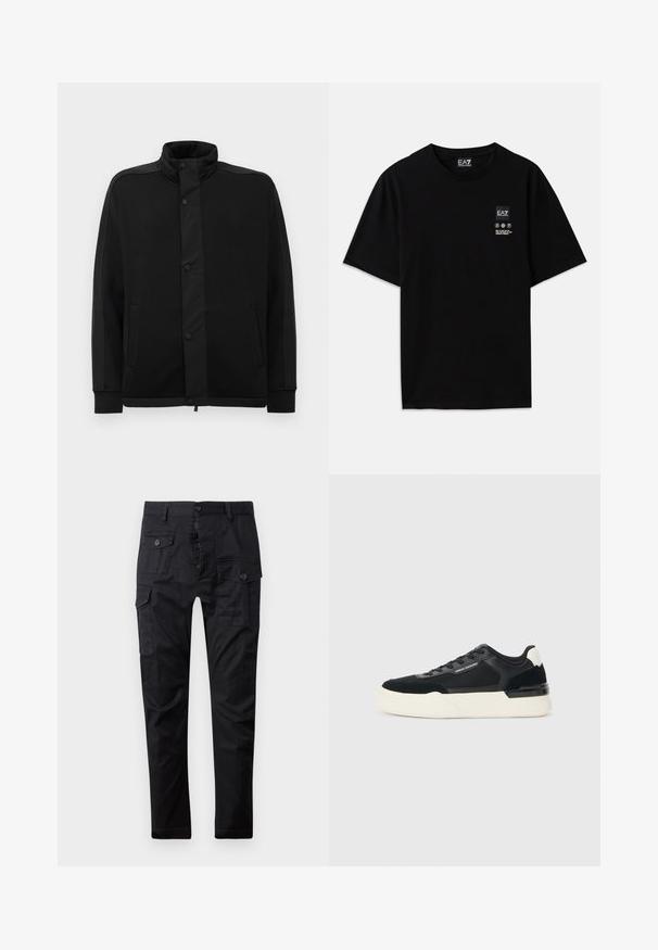 Casaco preto com gola alta, botões de pressão e painéis de tecido em contraste. Apresenta dois bolsos laterais e punhos canelados para um ajuste perfeito.; T-shirt de algodão preto com mangas curtas, decote redondo e uma pequena etiqueta com logótipo na parte da frente, apresentando símbolos de cuidado em branco.; Calças cargo pretas feitas de tecido durável, com múltiplos bolsos, fecho de botão e um design de perna reta. Textura suave e acabamento mate.; Sapata preta feita de malha e couro, apresentando uma sola branca grossa e detalhes contrastantes. Cadarços e detalhe do logótipo na lateral.