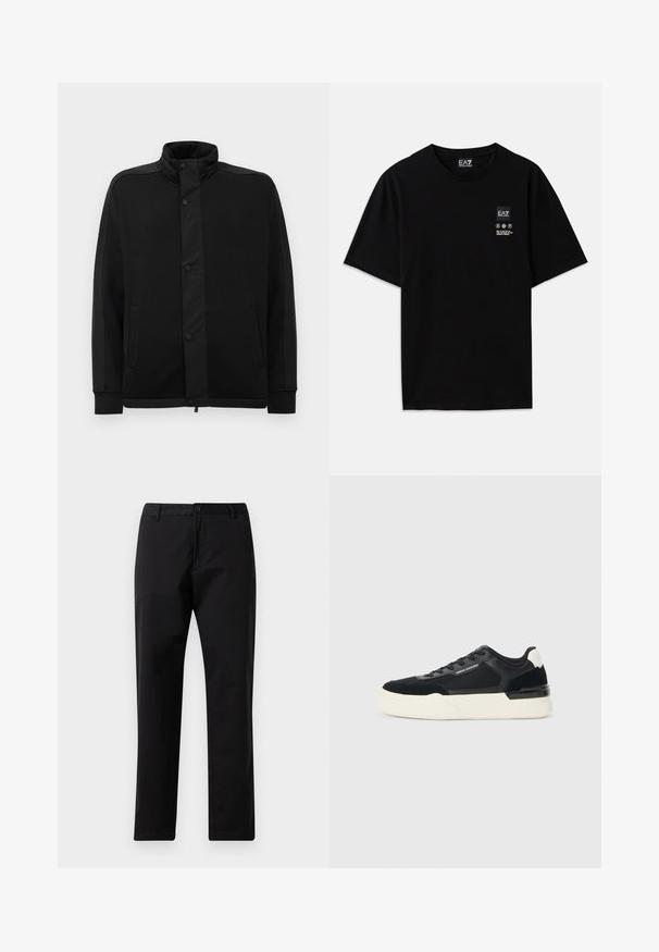 Juoda striukė su aukštu apykakle, spaudimo mygtukais ir kontrastingais audinio intarpais. Turi dvi šonines kišenes ir raukšlėtus rankogalius, suteikiančius prigludusį išvaizdą.; Juoda medvilnė t-shirt su trumpomis rankovėmis, apvalia iškirpte ir maža logotipo etiketė priekyje su baltomis priežiūros simbolių pictogramomis.; Juodos tiesios kojos kelnės su mygtuku ir užtrauktuku, diržo kilpomis ir priekinėmis kišenėmis, pateiktos ant baltos fono.; Juodos sportinės bateliai, pagaminti iš tinklinės medžiagos ir odos, su storu baltu padu ir kontrastingais akcentais. Raišteliai ir logotipo detalės šone.