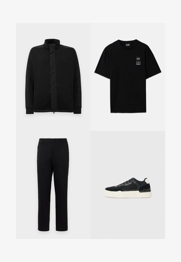 Black jacket with high collar, snap buttons, and contrasting fabric panels. Features two side pockets and ribbed cuffs for a fitted look.; Black cotton t-shirt with short sleeves, a crew neck, and a small logo tag on the front featuring care symbols in white.; Black pants with a straight leg design, made of smooth fabric. Features a mid-rise waist and side pockets. Minimalist style without patterns.; Black sneaker made of mesh and leather, featuring a thick white sole and contrasting accents. Laces and logo detail on the side.