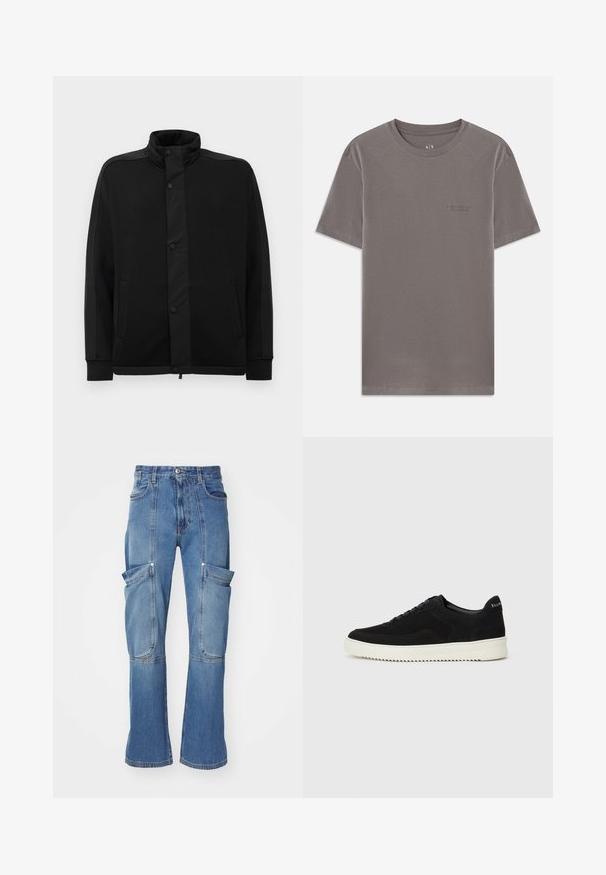 Casaco preto com gola alta, botões de pressão e painéis de tecido em contraste. Apresenta dois bolsos laterais e punhos canelados para um ajuste perfeito.; T-shirt cinza de mangas curtas feita de algodão macio. Decote redondo com um pequeno logo em relevo no lado esquerdo do peito. Textura suave, ajuste regular.; Calças cargo em denim de azul claro com cintura alta, múltiplos bolsos laterais e pernas flare, apresentando costuras contrastantes e fecho com zip.; Sapatilhas de camurça pretas com design de atacadores e sola de borracha branca em contraste. Apresenta painéis laterais texturizados e uma marcação discreta no calcanhar.