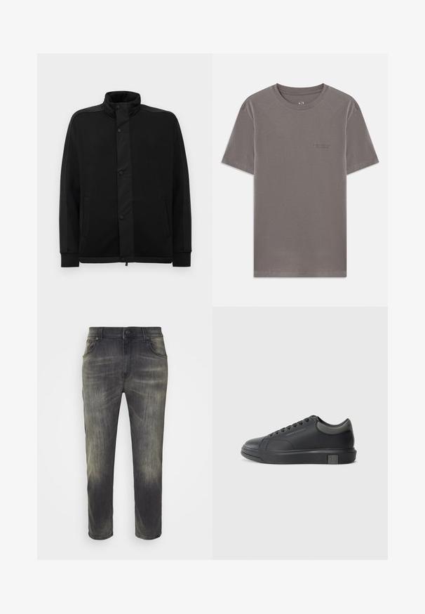 Črna jakna z visokim ovratnikom, gumbi na pritisk in kontrastnimi tkaninami. Ima dve stranski žepi in rebraste manšete za prilagojen videz.; Siva kratka majica s kratkimi rokavi, izdelana iz mehke bombažne tkanine. Okrogli ovratnik z majhnim vtisnjenim logotipom na levem prsnem delu. Gladka tekstura, običajen kroj.; Temno sivi traperji z izbledelo površino, ravnega kroja, petimi žepi in sprednjim gumbom. Iz bombažnega jeansa, mehkega na otip.; Črne usnjene teniske s gladko površino, zaobljenim prstom in temno sivo akcenti. Imajo sistem vezanja in teksturiran gumijast podplat.