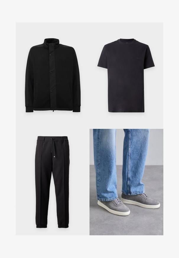 Μαύρο μπουφάν με ψηλό γιακά, κουμπιά με κλιπ και αντίθετα πάνελ υφάσματος. Διαθέτει δύο πλαϊνές τσέπες και ριγέ μανσέτες για εφαρμοστή εμφάνιση.; Μαύρο βαμβακερό μπλουζάκι με λαιμόκοψη, κοντά μανίκια και ανάγλυφο λογότυπο στο στήθος. Λείος υφασμάτινος τύπος, χαλαρή εφαρμογή.; Μαύρο παντελόνι με ζώνη, κορδόνι και ελαστικές μανσέτες. Διαθέτει πτυχώσεις και μαλακό, υφή ύφασμα.; Γκρι αθλητικά παπούτσια με σουέντ πάνω μέρος και καουτσούκ σόλα. Έχουν στρογγυλή μύτη, έξι τρυπούλες και υφασμάτινη λεπτομέρεια. Συνδυασμένα με ανοιχτό μπλε τζιν.