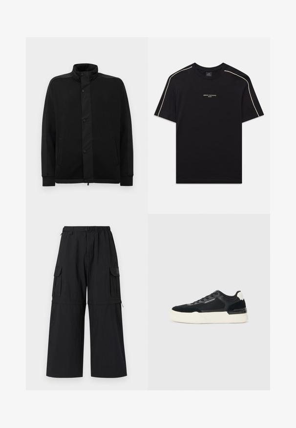 Czarna kurtka z wysokim kołnierzem, z zapięciem na zatrzaski i kontrastowymi panelami z tkaniny. Posiada dwie boczne kieszenie i ściągacze przy mankietach, co zapewnia dopasowany wygląd.; Czarna bawełniana koszulka z krótkim rękawem, okrągłym dekoltem, beżowym wykończeniem szwów na ramionach oraz logo ARMANI EXCHANGE na środku.; Czarne spodnie cargo o szerokich nogawkach, z elastycznym paskiem w talii i wieloma kieszeniami bocznymi. Wykonane z lekkiego materiału o gładkiej fakturze.; Czarne sneakersy wykonane z siatki i skóry, z grubą białą podeszwą i kontrastowymi akcentami. Sznurówki i detal z logo po boku.