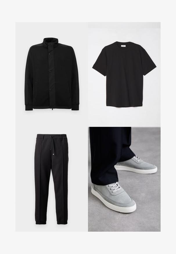 Crna jakna s visokim ovratnikom, kopčama na dugmad i kontrastnim panelima od tkanine. Ima dva bočna dzepa i rebraste manšete za prilagođen izgled.; Crna pamučna majica sa okruglim izrezom, kratkim rukavima i opuštenim krojem. Jednostavan dizajn, glatka tekstura i bez vidljivih uzoraka ili logotipa.; Crne hlače s pojasom, vezicom i elastičnim rubovima. Imaju nabore i glatku, teksturiranu tkaninu.; Sive tenisice od vampira s bijelim gumiranim potplatima, s vezanjem, zaobljenim vrhom i diskretnim detaljima šivanja, uparene s crnim hlačama.