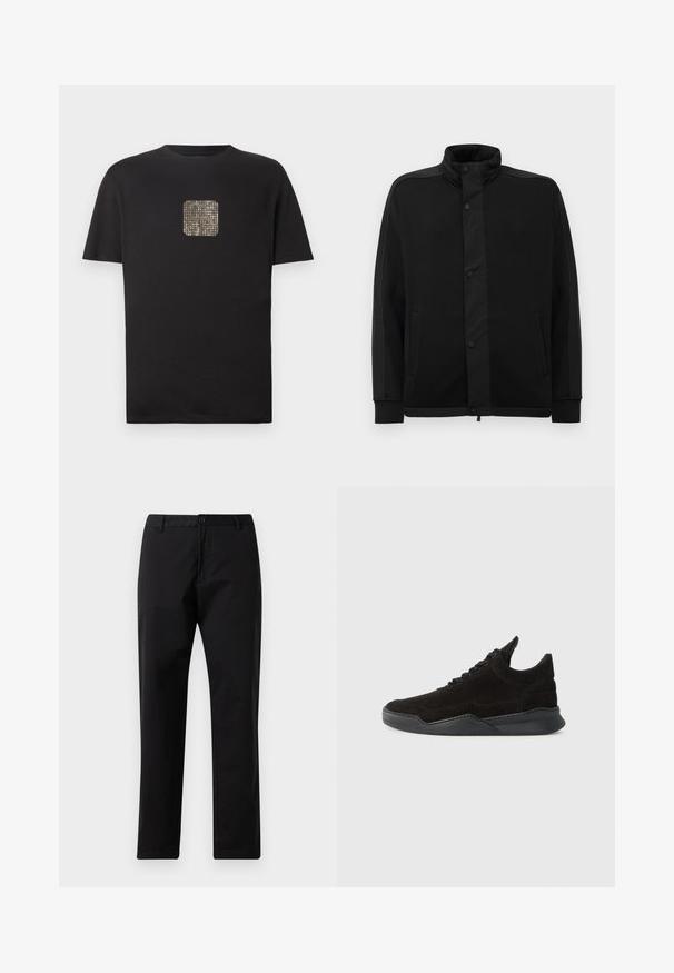 Černá bunda s vysokým límcem, patentkami a kontrastními látkovými panely. Obsahuje dvě postranní kapsy a žebrované manžety pro přiléhavý vzhled.; Černé bavlněné tričko s čtvercovým zlatým zdobením na přední straně. Krátké rukávy, kulatý výstřih a volný střih.; Černé rovné kalhoty se zapínáním na knoflík a zip, s poutky na opasek a předními kapsami, vystavené na bílém pozadí.; Černé semišové tenisky s nízkým profilem, texturovaným svrškem, plochými tkaničkami a pevným gumovým podešví s mírným podpatkem a zakřiveným designem.