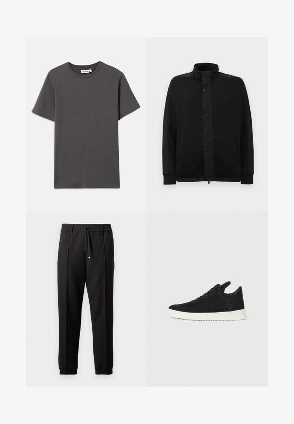 Zwarte jas met hoge kraag, drukknoopsluitingen en contrasterende stofpanelen. Bevat twee zijzakken en geribde manchetten voor een strakke pasvorm.; Effen donkergrijze kortekoope T-shirt met ronde hals en een klein wit merklabel binnenin de kraag, tegen een witte achtergrond.; Zwarte broeken met een tailleband, koord en elastische boorden. Heeft plooien en een gladde, gestructureerde stof.; Zwarte suède sneakers met een witte rubberen zool, voorzien van tonale stiksels en een vetersluiting. Glad oppervlak met een moderne, gestroomlijnde vorm.