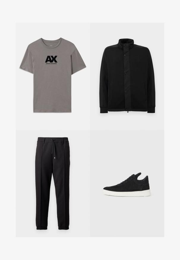 Černá bunda s vysokým límcem, patentkami a kontrastními látkovými panely. Obsahuje dvě postranní kapsy a žebrované manžety pro přiléhavý vzhled.; Šedé bavlněné tričko s černě tištěným logem obsahujícím text "AX" a "ARMANI EXCHANGE". Klasický kulatý výstřih a krátké rukávy.; Černé kalhoty s páskem, šňůrkou na stažení a elastickými manžetami. Obsahují sklady a hladkou, strukturovanou látku.; Černé semišové tenisky s bílou gumovou podrážkou, s tónovým prošitím a šněrováním. Hladký povrch s moderním, aerodynamickým tvarem.
