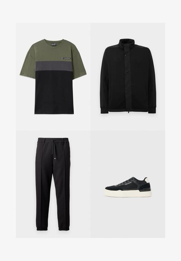 Juoda striukė su aukštu apykakle, spaudimo mygtukais ir kontrastingais audinio intarpais. Turi dvi šonines kišenes ir raukšlėtus rankogalius, suteikiančius prigludusį išvaizdą.; Žalias trumpomis rankovėmis marškinėliai su pilkomis ir juodomis horizontaliomis juostelėmis, apvaliu iškirpimu ir mažu EA7 logotipu viršutiniame kairiajame krūtinės kampe.; Juodos kelnės su juosmeniu, raišteliu ir elastingais rankogaliais. Yra raukšlės ir lygus, tekstūruotas audinys.; Juodos sportinės bateliai, pagaminti iš tinklinės medžiagos ir odos, su storu baltu padu ir kontrastingais akcentais. Raišteliai ir logotipo detalės šone.