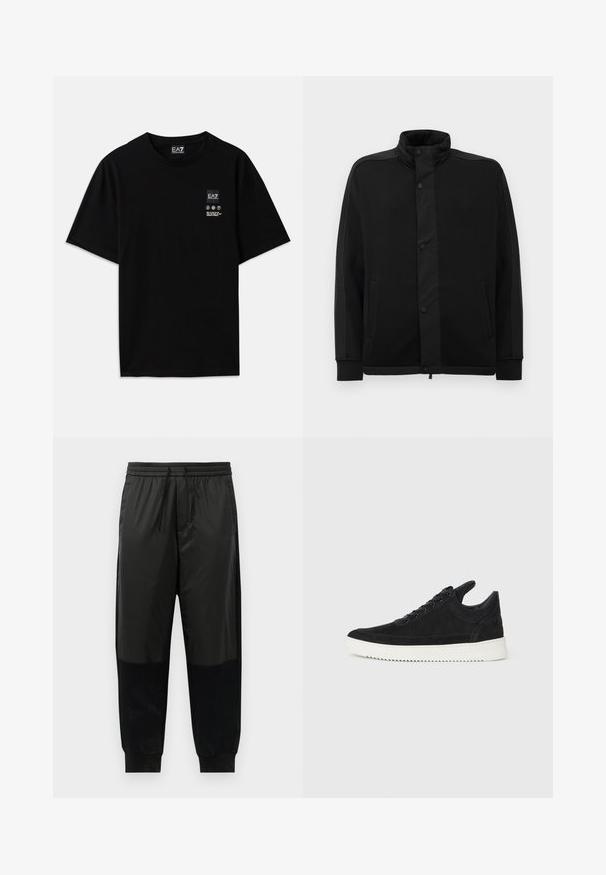 Svart jakke med høy krage, trykknapper og kontrasterende stoffpaneler. Har to sidelommer og ribbestrikkede ermer for en tettsittende look.; Svart bomulls t-skjorte med kort erm, rund hals og et lite logo-merke foran med pleiesymboler i hvitt.; Svarte treningsbukser med en blanding av glatte og teksturerte stoffer, elastisk midjebånd med snor, og smale mansjetter.; Sorte semskede sneakers med hvit gummisåle, med tonale sømmer og snøring. Glatt tekstur med en moderne, strømlinjeformet form.