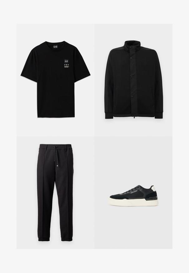 Fekete dzseki magas gallérral, patentgombokkal és kontrasztos szövetpanelekből. Két oldalsó zsebe és bordázott mandzsettái vannak, amelyek illeszkedő megjelenést kölcsönöznek.; Fekete pamut póló rövid ujjal, kerek nyakkivágással, az elején egy kis logócímkével, amely fehér színű ápolási szimbólumokat tartalmaz.; Fekete nadrág derékpánttal, húzózsinórral és rugalmas mandzsettákkal. Jellemző rá a pliszírozás és a sima, textúrált anyag.; Fekete sneaker, amely hálós és bőrből készült, vastag fehér talppal és kontrasztos díszítőelemekkel. Fűzők és logó részlet az oldalon.