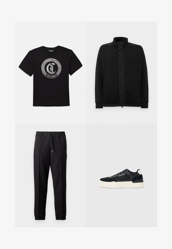Black jacket with high collar, snap buttons, and contrasting fabric panels. Features two side pockets and ribbed cuffs for a fitted look.; Black short-sleeve T-shirt with a circular silver snake design enclosing a Gothic letter "J" and "Just Cavalli" text below.; Black trousers with a waistband, drawstring, and elastic cuffs. Features pleats and a smooth, textured fabric.; Black sneaker made of mesh and leather, featuring a thick white sole and contrasting accents. Laces and logo detail on the side.