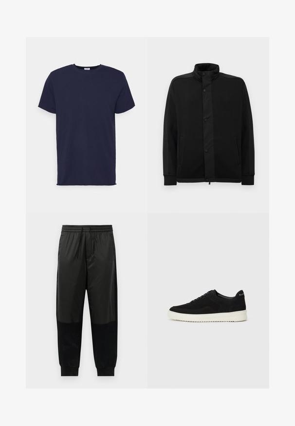 Svart jakke med høy krage, trykknapper og kontrasterende stoffpaneler. Har to sidelommer og ribbestrikkede ermer for en tettsittende look.; Mørkeblå kortermet t-skjorte laget av mykt stoff. Den har rund hals og rett snitt uten mønstre eller detaljer.; Svarte treningsbukser med en blanding av glatte og teksturerte stoffer, elastisk midjebånd med snor, og smale mansjetter.; Svart semsket sneakers med snøring og kontrasterende hvit gummisåle. Har teksturerte sidepaneler og subtil merkevare på hælen.