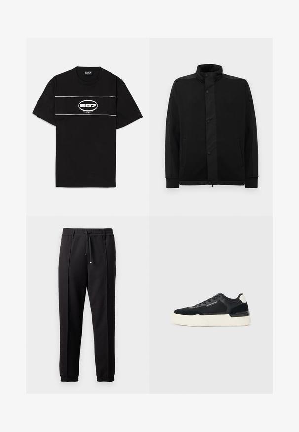 Juoda striukė su aukštu apykakle, spaudimo mygtukais ir kontrastingais audinio intarpais. Turi dvi šonines kišenes ir raukšlėtus rankogalius, suteikiančius prigludusį išvaizdą.; Juodas medvilninis marškinėliai su baltais horizontaliais dryžiais ir ovaliu EA7 logotipu priekyje. Trumpomis rankovėmis ir apvaliu kaklu.; Juodos kelnės su juosmeniu, raišteliu ir elastingais rankogaliais. Yra raukšlės ir lygus, tekstūruotas audinys.; Juodos sportinės bateliai, pagaminti iš tinklinės medžiagos ir odos, su storu baltu padu ir kontrastingais akcentais. Raišteliai ir logotipo detalės šone.