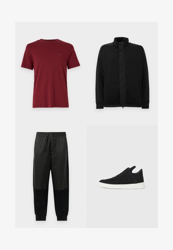 Črna jakna z visokim ovratnikom, gumbi na pritisk in kontrastnimi tkaninami. Ima dve stranski žepi in rebraste manšete za prilagojen videz.; Bordo majica s kratkimi rokavi in okrožnim izrezom, izdelana iz gladkega bombažnega materiala. Standardno prileganje, z majhnim logotipom na prsih.; Črne atletske hlače z mešanico gladkih in teksturiranih tkanin, elastičnim pasom z vrvico in ozkimi manšetami.; Črne semiš športne copate z belo gumijasto podplatom, ki imajo toneče šive in vezalni dizajn. Gladka tekstura z modernim, poenoteno oblikovano silhueto.