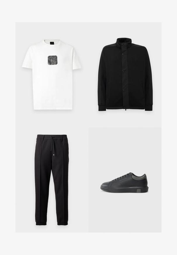 Casaco preto com gola alta, botões de pressão e painéis de tecido em contraste. Apresenta dois bolsos laterais e punhos canelados para um ajuste perfeito.; Camiseta branca de manga curta com uma pequena ilustração quadrada preta com pontos brancos e o texto "Armani Exchange" no peito.; Calças pretas com uma cinta na cintura, cordão ajustável e punhos elásticos. Apresenta pregas e um tecido liso e texturizado.; Sapatilha de couro preto com acabamento suave, bico arredondado e detalhes em cinza escuro. Apresenta um design de atacadores e sola de borracha texturizada.