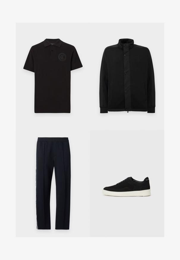 Svart jakke med høy krage, trykknapper og kontrasterende stoffpaneler. Har to sidelommer og ribbestrikkede ermer for en tettsittende look.; Svart polo-skjorte laget av bomull, med en tre-knapps knappelukking og en tonet sirkulær logo på venstre bryst. Korte ermer og rett kant.; Svart, tettsittende bukser med elastisk linning, med to sidelommer og med en hvit stripe som går ned langs ytterbeinet. Glatt tekstur.; Svart semsket sneakers med snøring og kontrasterende hvit gummisåle. Har teksturerte sidepaneler og subtil merkevare på hælen.