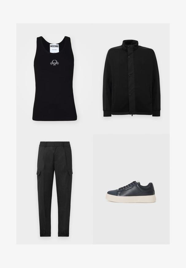 Crna jakna s visokim ovratnikom, kopčama na dugmad i kontrastnim panelima od tkanine. Ima dva bočna dzepa i rebraste manšete za prilagođen izgled.; Crni rebrasti top bez rukava s okruglim izrezom, s bijelim izvezenim logo dizajnom u središtu. Napravljen od mekog, rastezljivog materijala.; Crne cargo hlače s elastičnim pojasom, suženim nogavicama, bočnim džepovima i jednim cargo džepom na lijevom bedrima. Glatka tekstura.; Mornarsko plave kožne tenisice s teksturiranim završetkom, kontrastnom bijelom gumenom potplatom, okruglim vrhom i ravnim vezicama, s diskretnim brendiranjem sa strane.