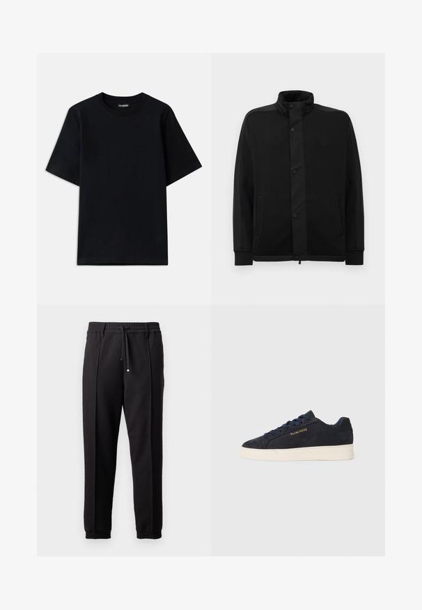 Črna jakna z visokim ovratnikom, gumbi na pritisk in kontrastnimi tkaninami. Ima dve stranski žepi in rebraste manšete za prilagojen videz.; Črna bombažna majica s kratkimi rokavi in krožnim izrezom. Ima diskreten vezen logotip na levem prsnem predelu. Ravna, gladka tekstura.; Črne hlače z pasom, vrvico in elastičnimi manšeti. Imajo nabore in gladko teksturirano blago.; Mornarsko modre semiš nizke superge z belim podplatom, mornarskimi vezalkami in z zlatim logotipom "Filling Pieces" na strani.