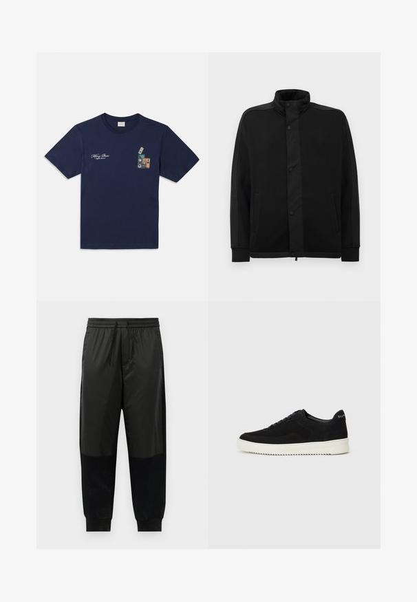 Svart jakke med høy krage, trykknapper og kontrasterende stoffpaneler. Har to sidelommer og ribbestrikkede ermer for en tettsittende look.; Mørkeblå bomulls t-skjorte med korte ermer, med et grafisk trykk av stablede kassettbånd og teksten "Killing Bees" på brystet.; Svarte treningsbukser med en blanding av glatte og teksturerte stoffer, elastisk midjebånd med snor, og smale mansjetter.; Svart semsket sneakers med snøring og kontrasterende hvit gummisåle. Har teksturerte sidepaneler og subtil merkevare på hælen.